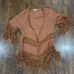 C Fringe Open-Front Sweater Shrug in Rust Brown